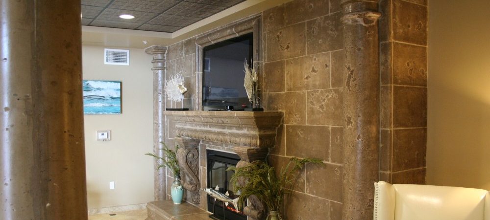 Fireplace with Integrated Wall Unit Design | Egg and Dart Trim - Graziella Corbel | Color: Anteler Tan