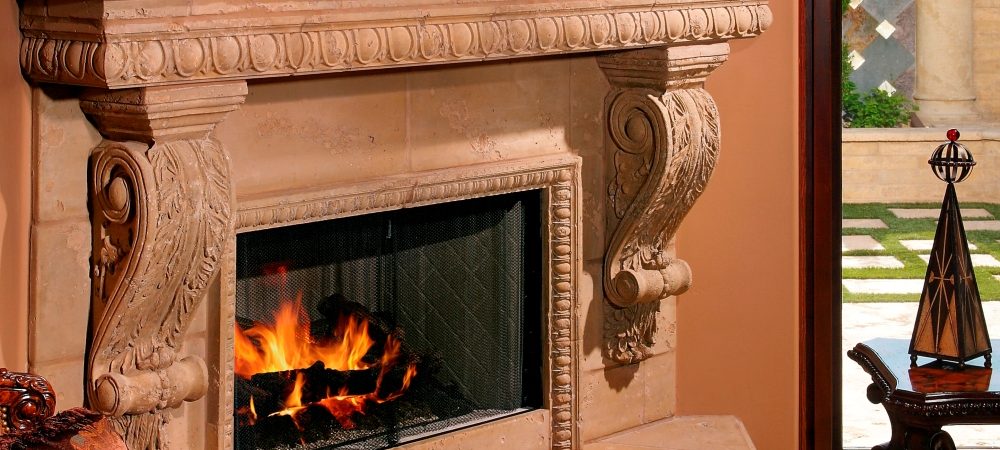 Custom Integrated Fireplace Design | Egg and Dart Architectural Trim in Two Sizes | Graziella Corbel | Precast Concrete Panels in Hearth and Mantle