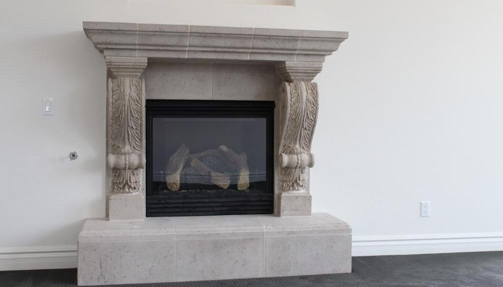 Fireplace with Graziella Corbel Legs | Travertine Finish